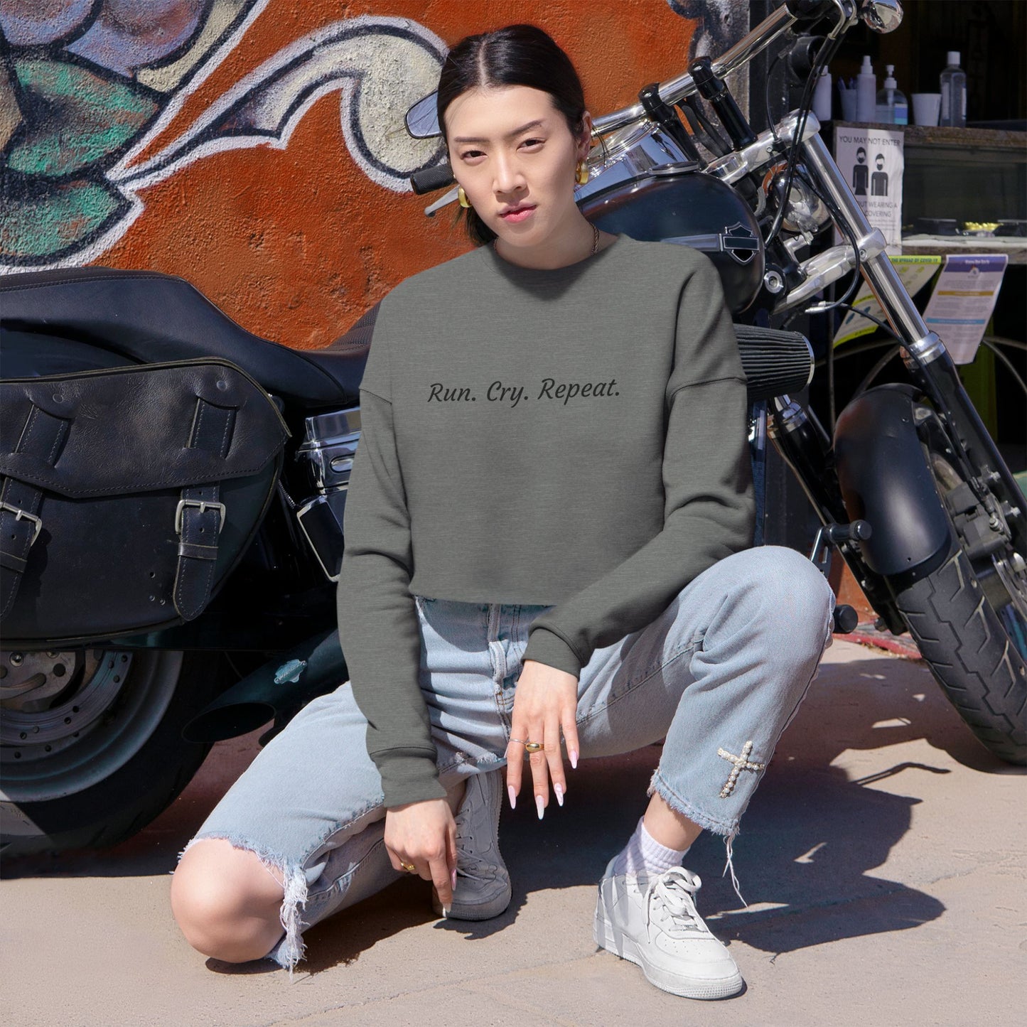 Women's Cropped Sweatshirt - Run. Cry. Repeat.